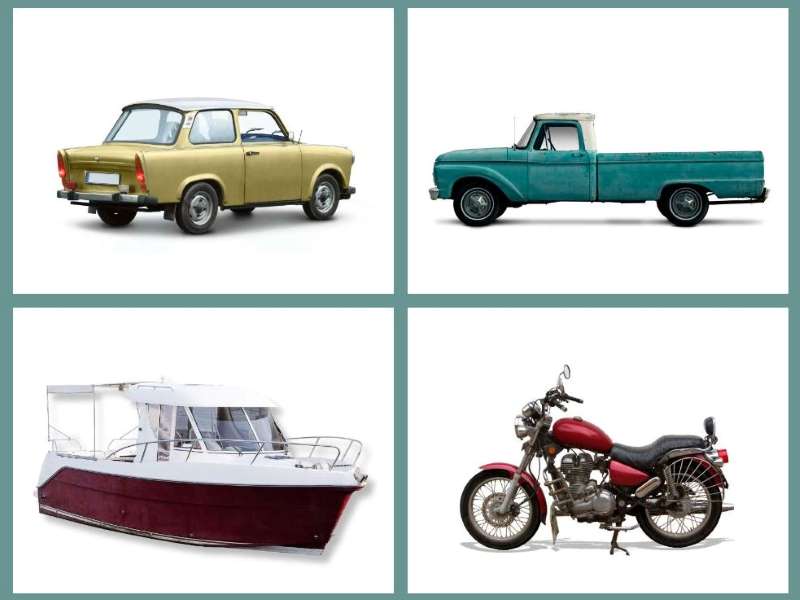 Donate Vehicles Collage: car, truck, boat, motorcycle