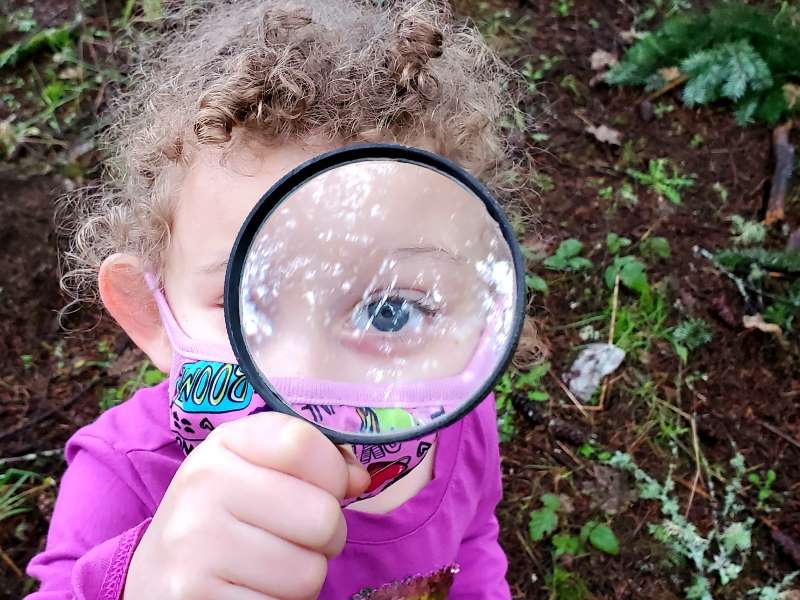 Child with Magnifying Glass in School Garden